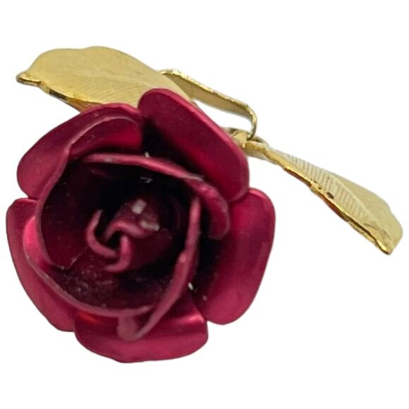 Deep Red Rose Gold Leaf Pendant - Romantic Floral Jewelry Burgundy Metal Flower - Picture 5 of 7